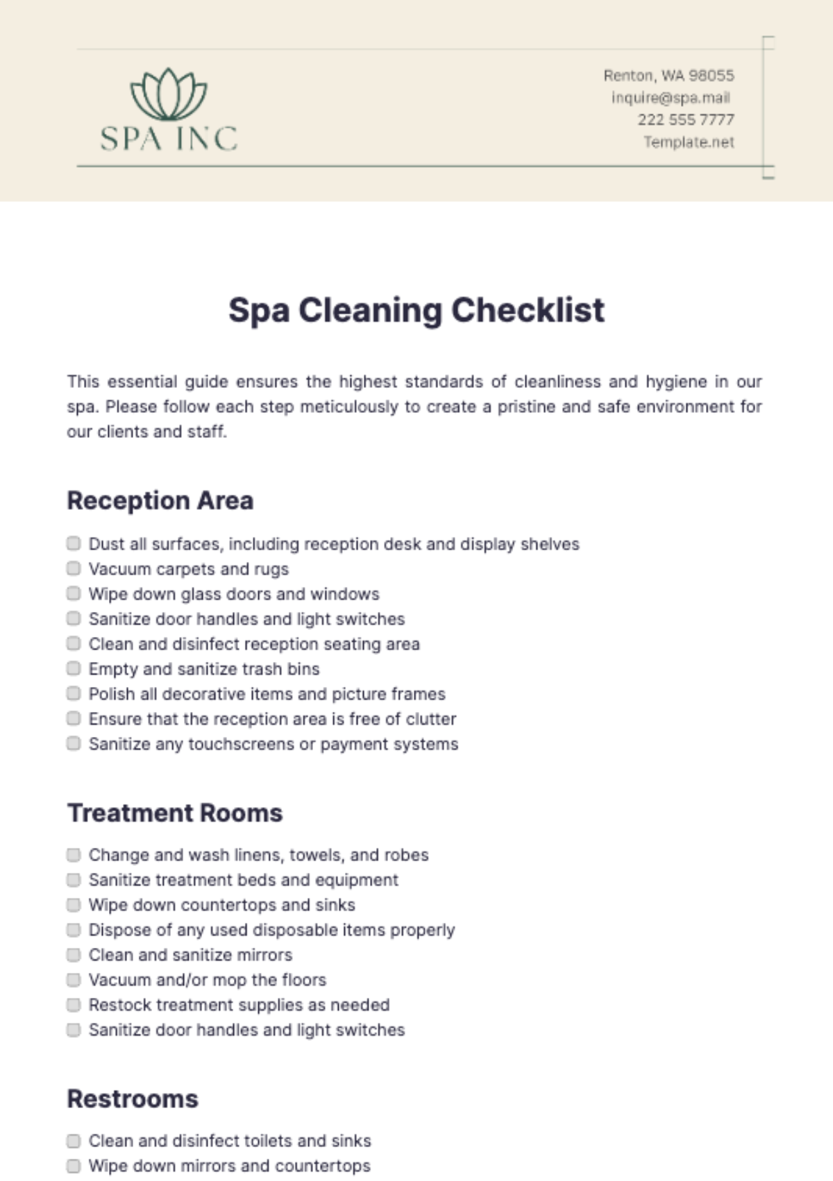 Free Spa Cleaning Checklist Template to Edit Online