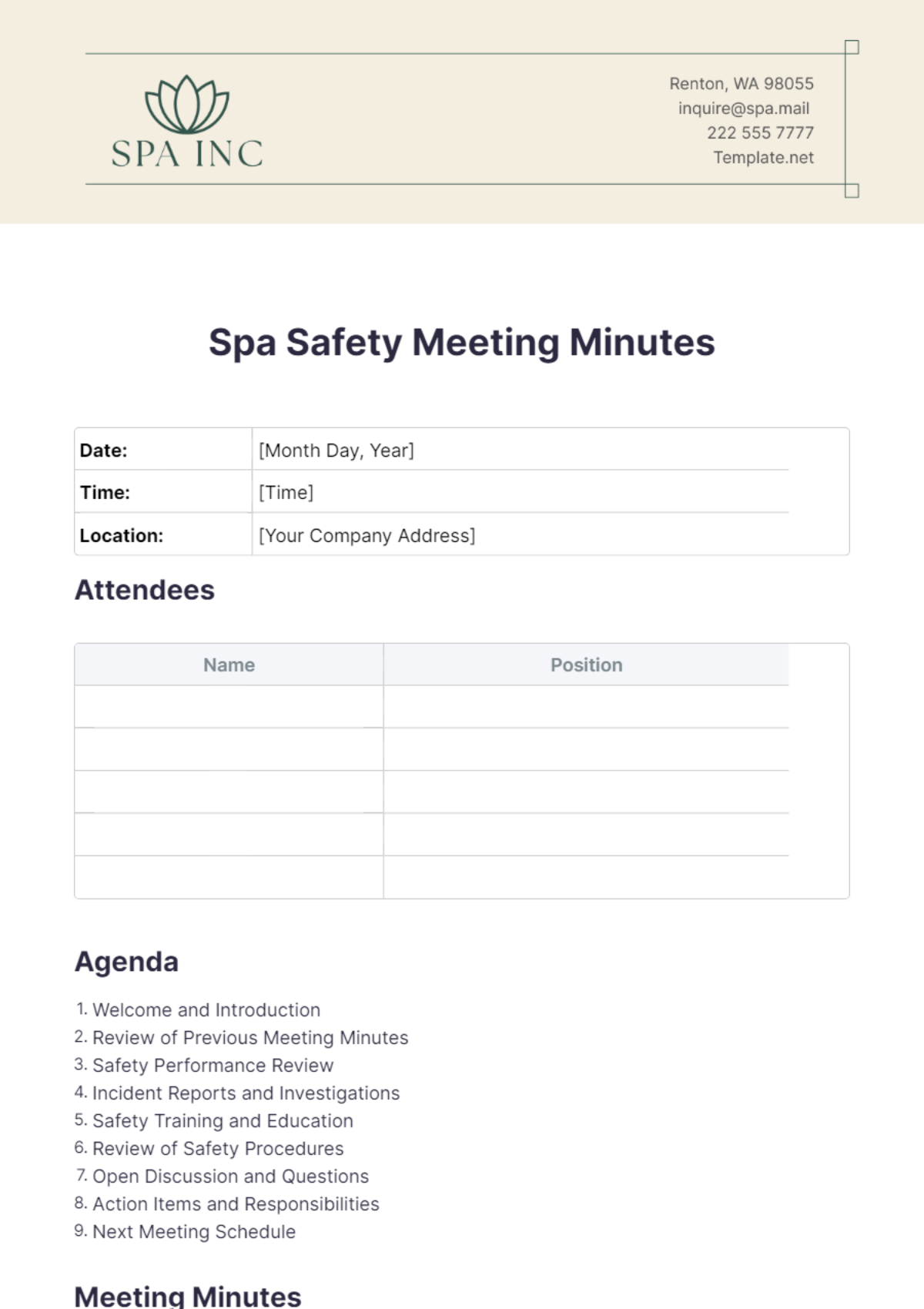 Spa Safety Meeting Minutes Template - Edit Online & Download