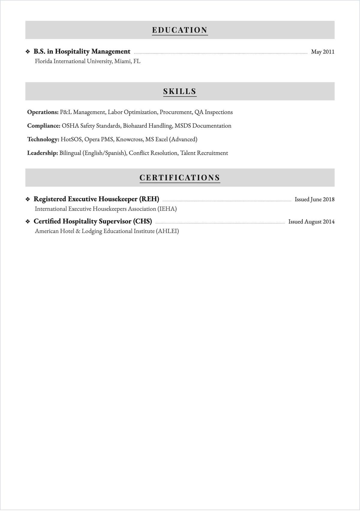 Free Housekeeping Professional Manager ATS Resume Template