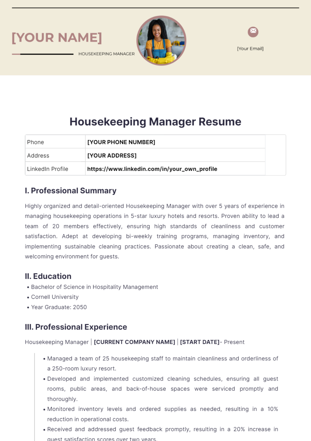 Housekeeping Manager Resume - Edit Online & Download