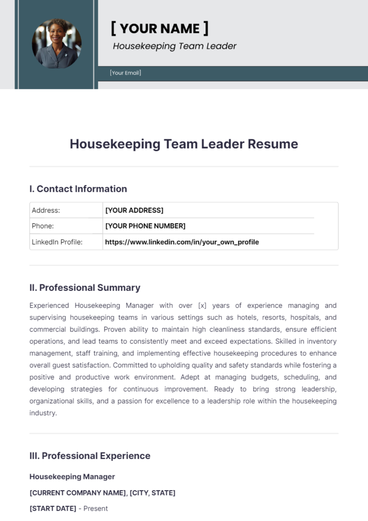 Housekeeping Team Leader Resume - Edit Online & Download