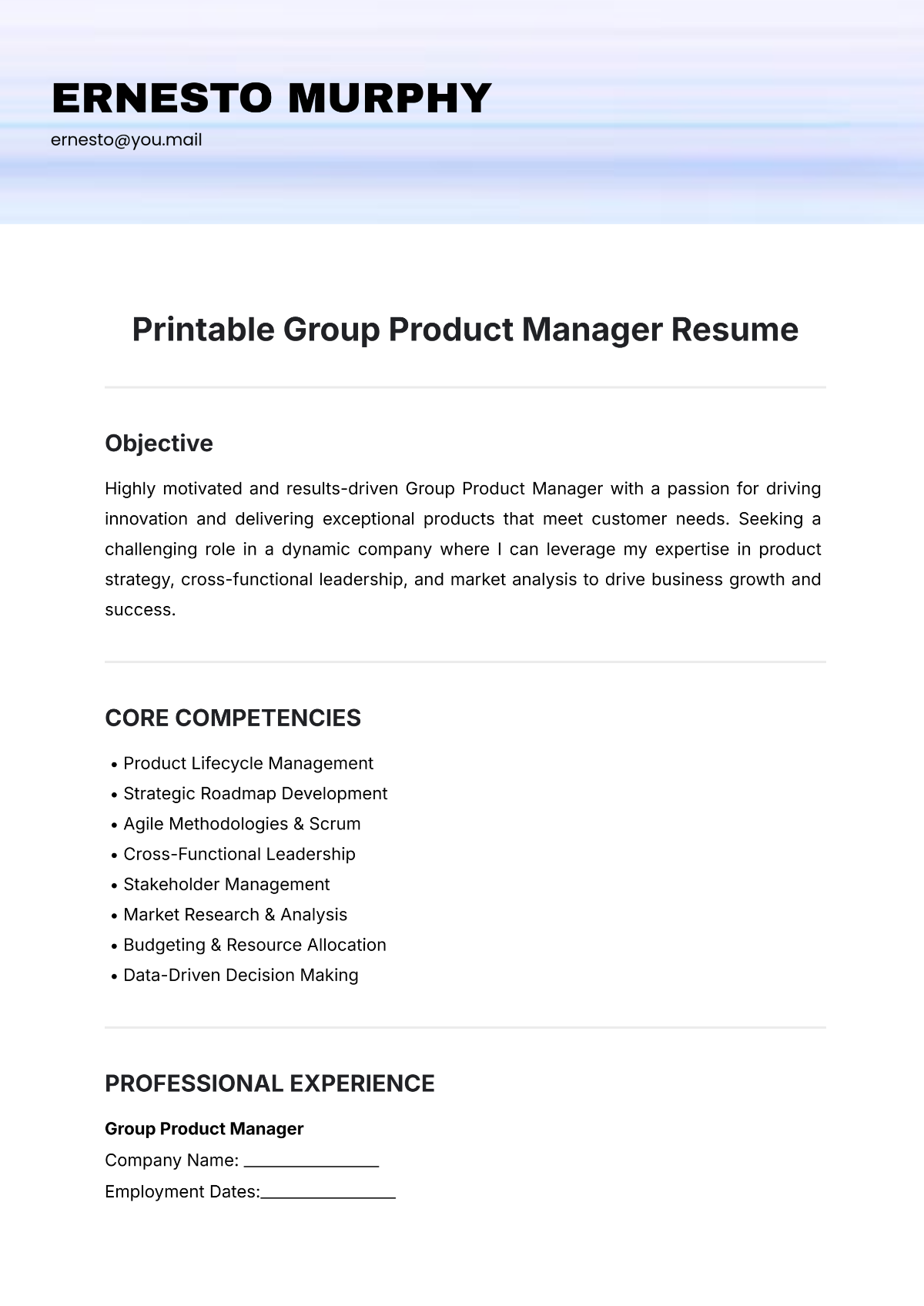 Printable Group Product Manager Resume Template - Edit Online & Download