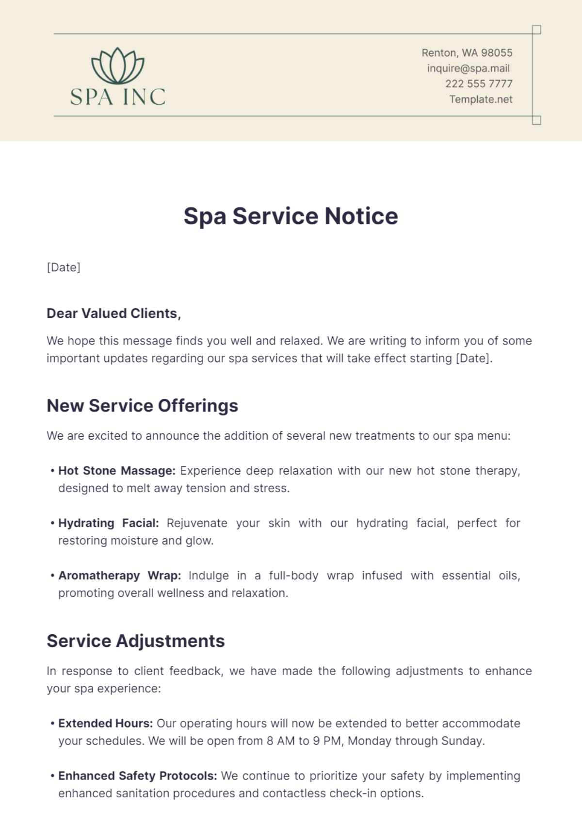 Spa Service Notice Template - Edit Online & Download