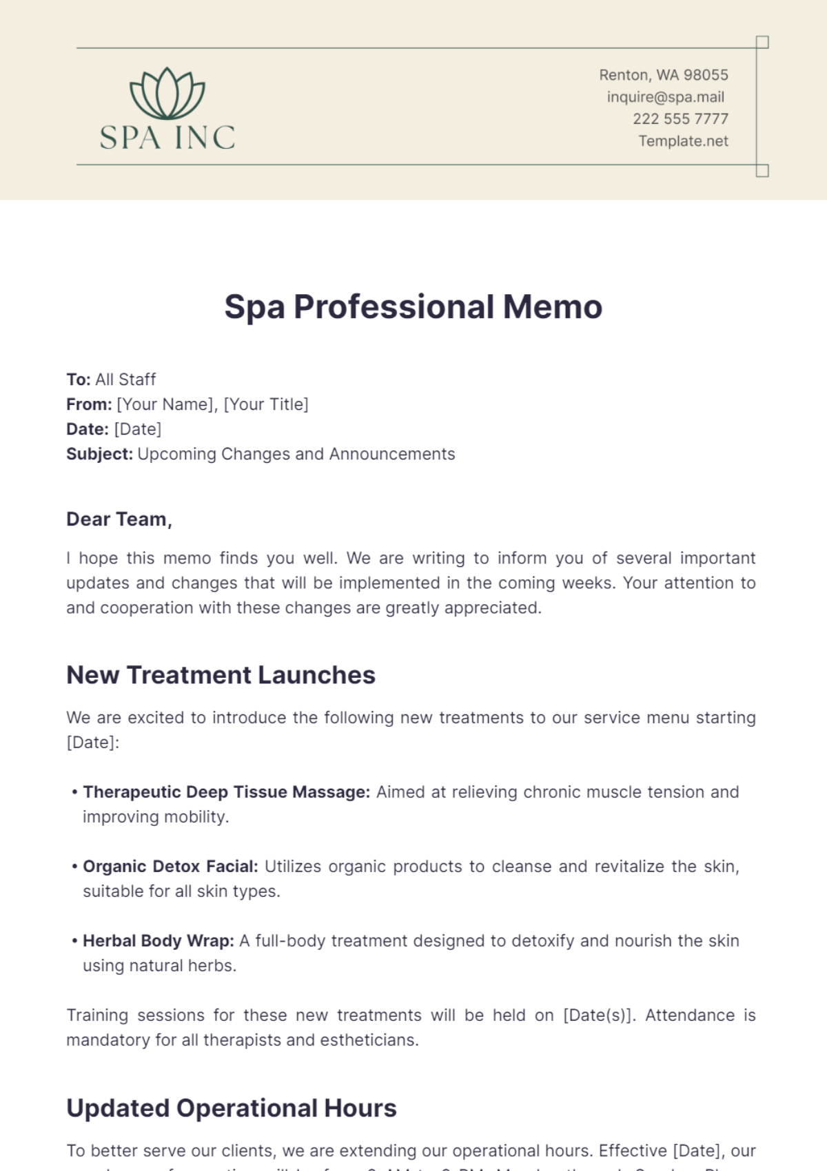 Spa Professional Memo Template - Edit Online & Download