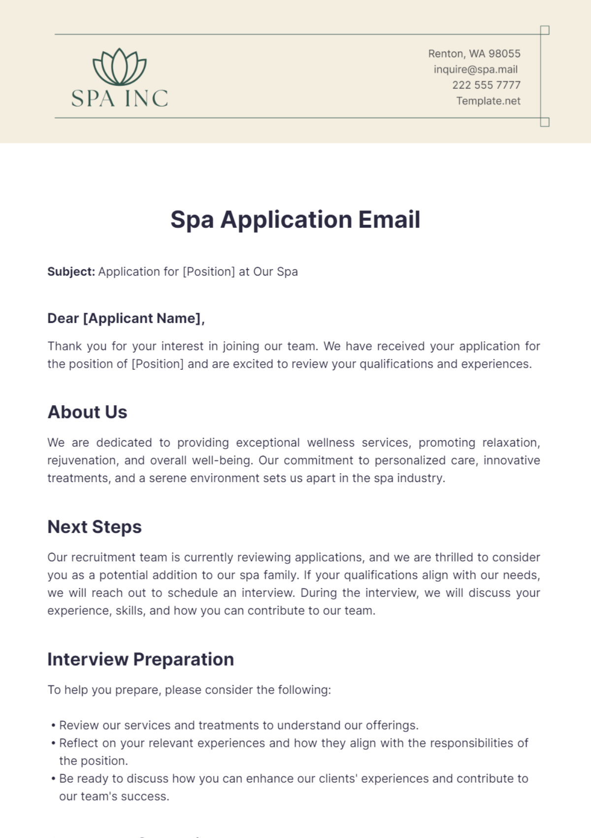 Spa Application Email Template - Edit Online & Download