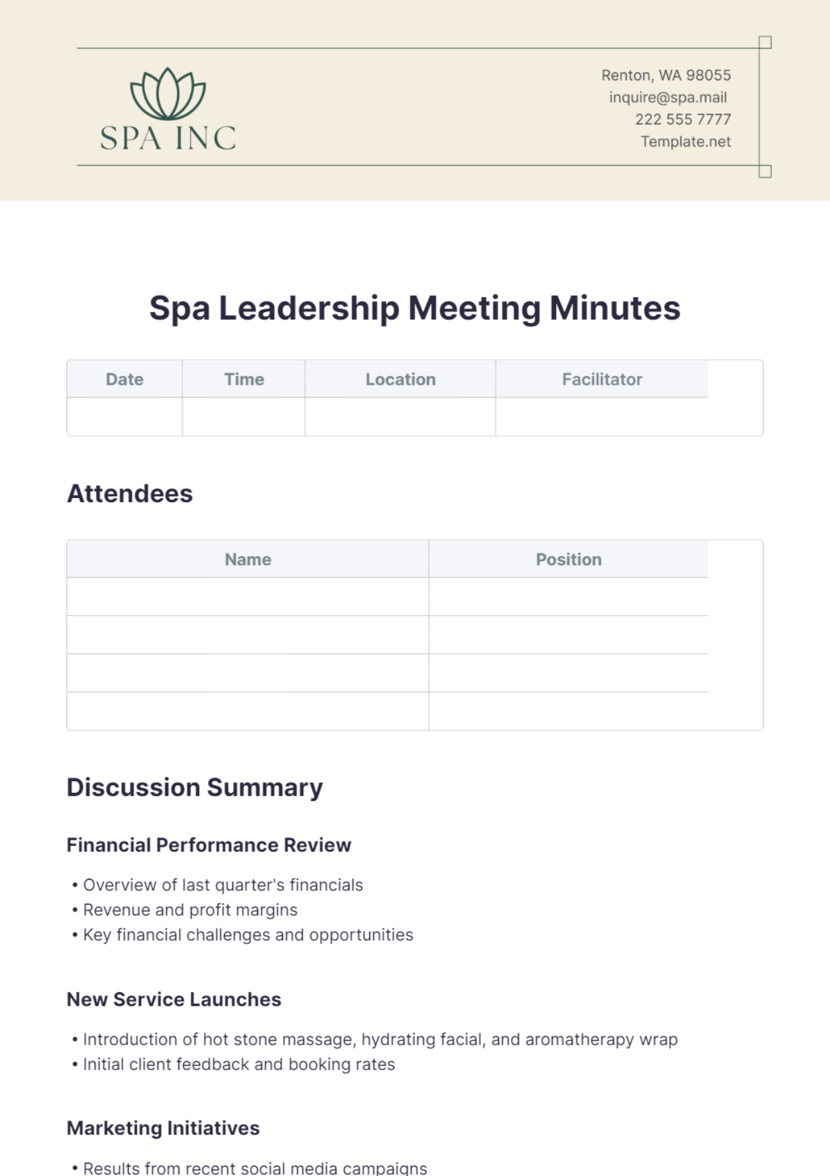 Spa Leadership Meeting Minutes Template - Edit Online & Download