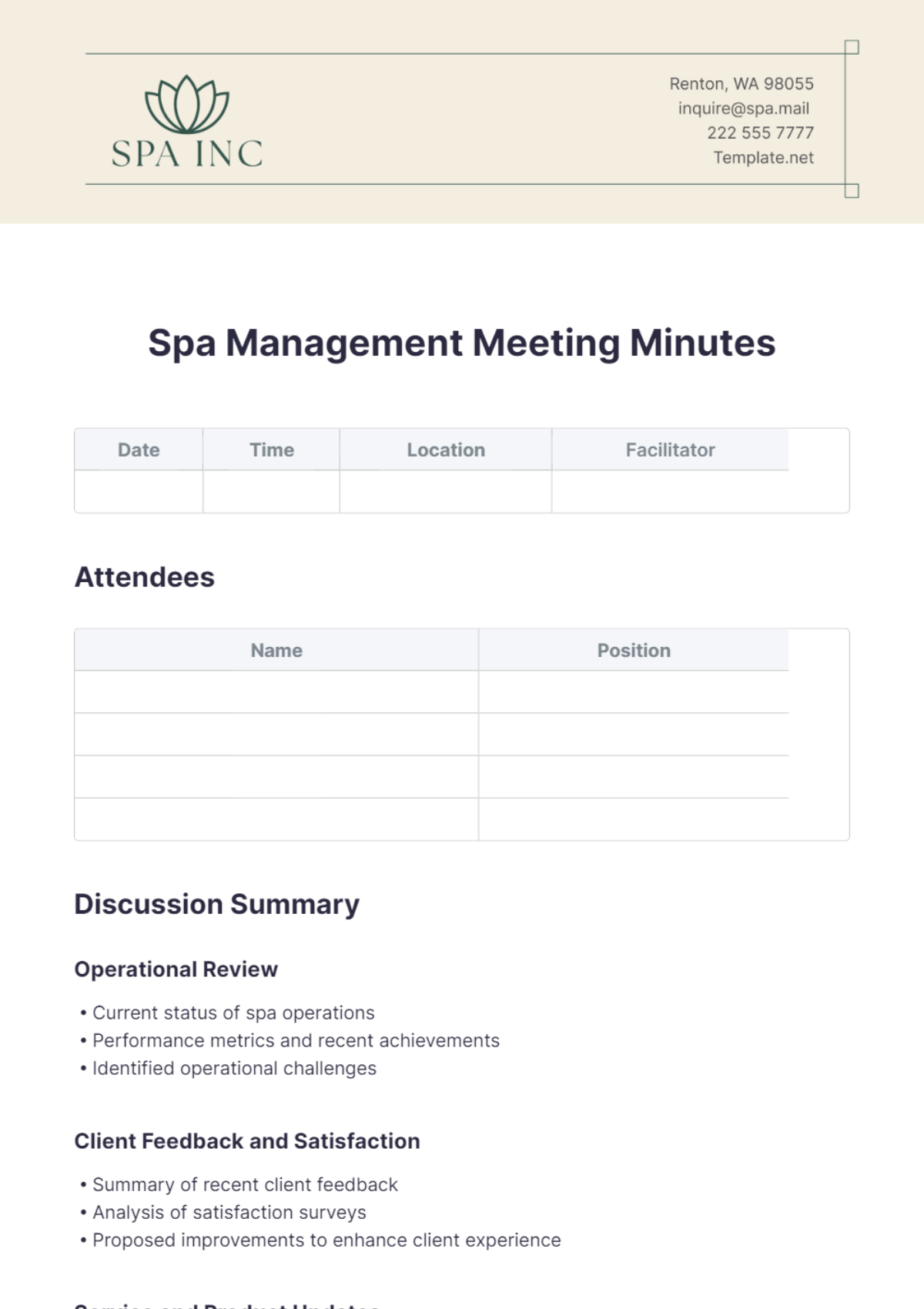 Spa Management Meeting Minutes Template - Edit Online & Download