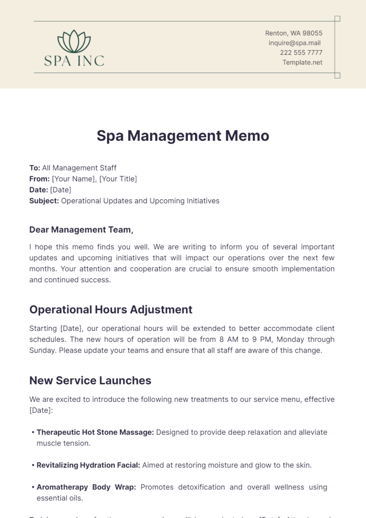 Spa Management Memo Template - Edit Online & Download