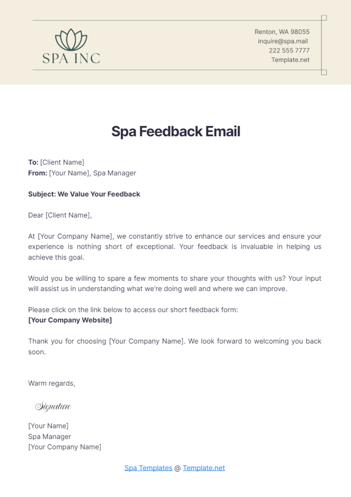 Spa Feedback Email Template - Edit Online & Download