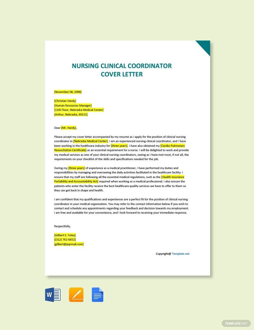 Free Nursing Clinical Coordinator Cover Letter Template