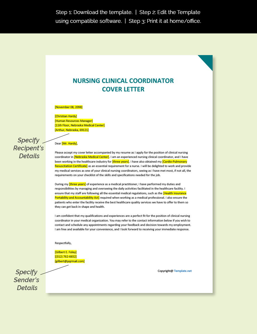 Nursing Clinical Coordinator Cover Letter Template