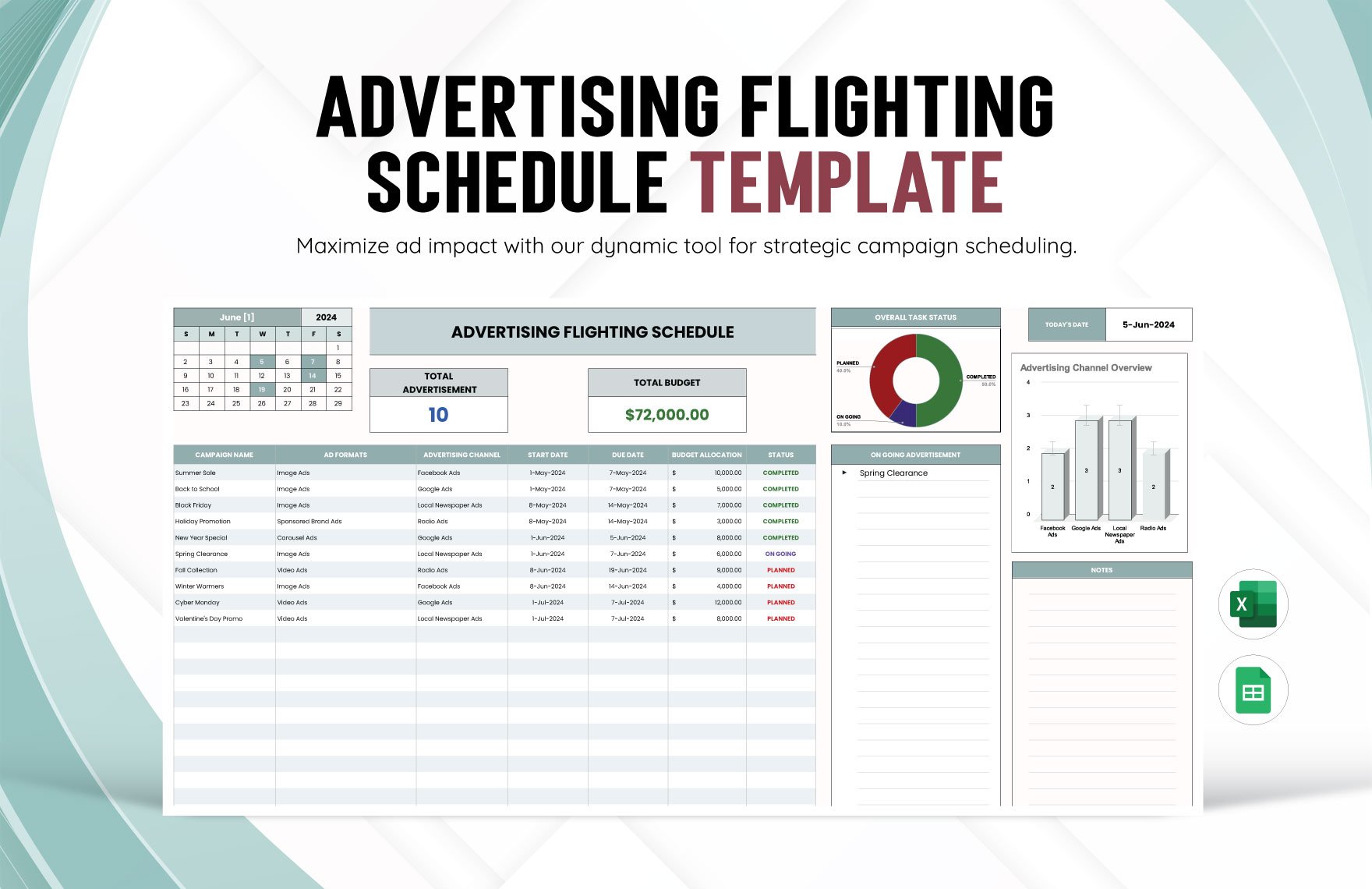 Advertising Flighting Schedule Template in Excel, Google Sheets