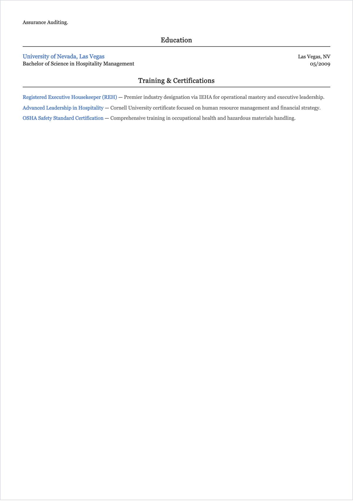 Free Housekeeping Director ATS Resume Template, AI Resume Builder