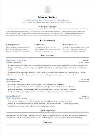 Free Housekeeping Director ATS Resume Template, AI Resume Builder