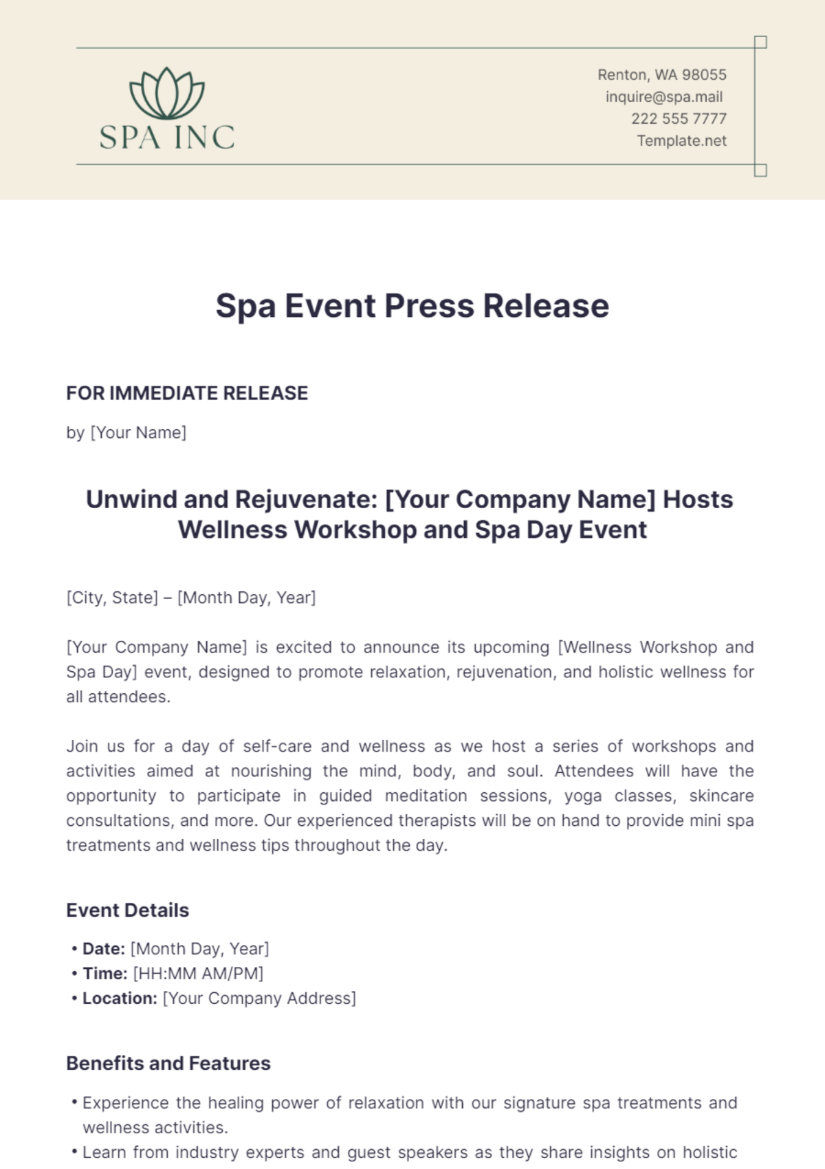 Spa Event Press Release Template - Edit Online & Download