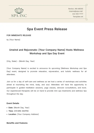 Free Spa Event Press Release Template to Edit Online