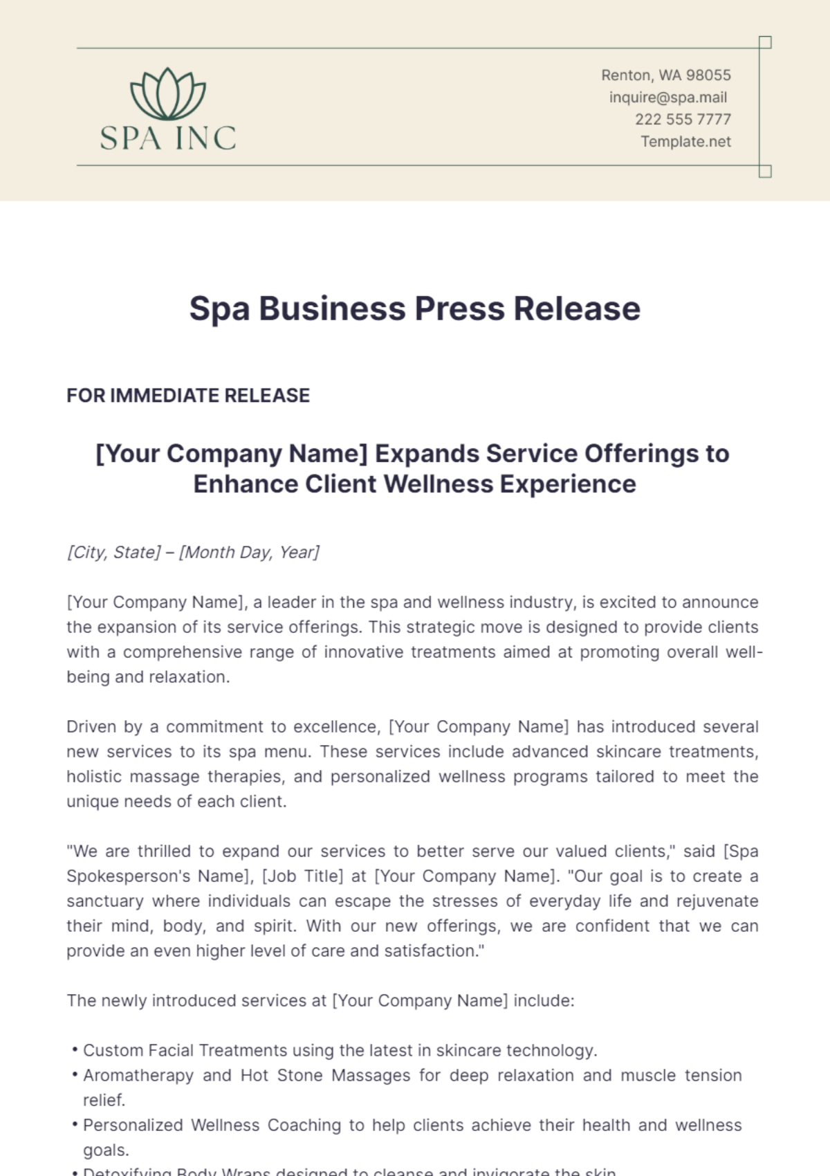 Spa Business Press Release Template - Edit Online & Download