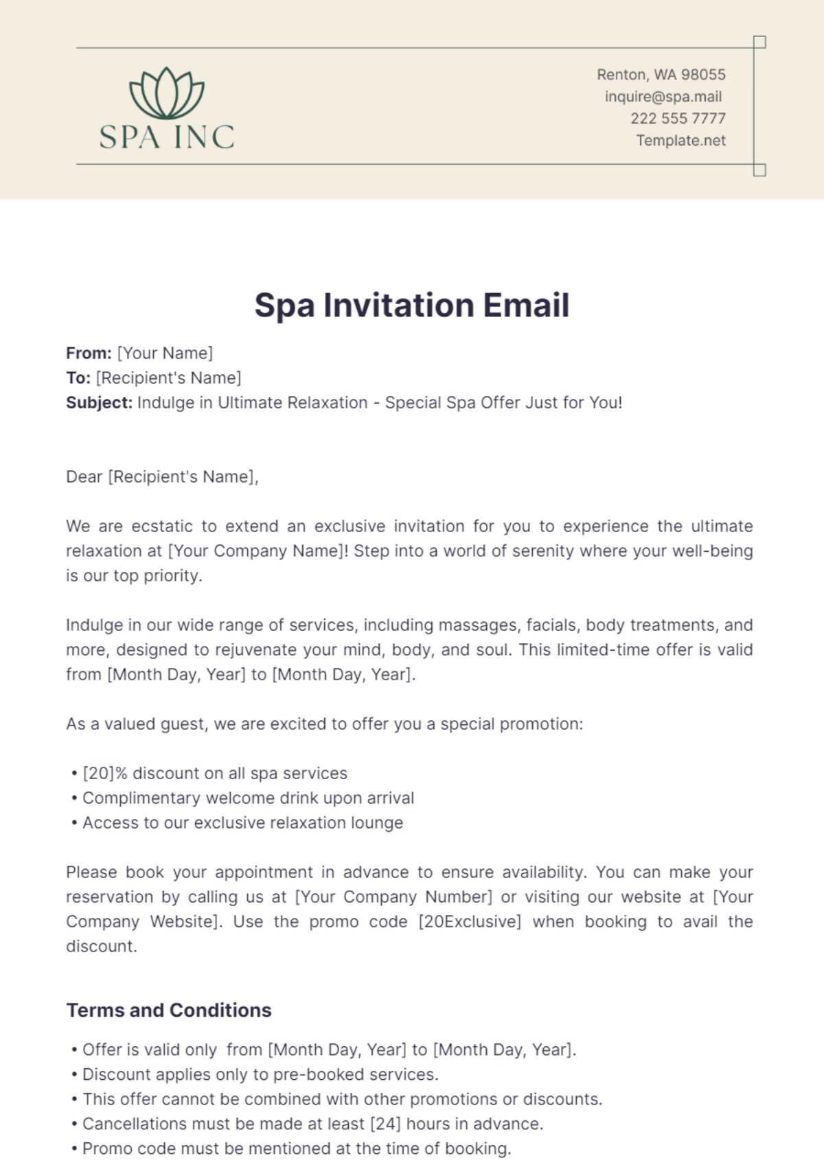 Spa Invitation Email Template - Edit Online & Download