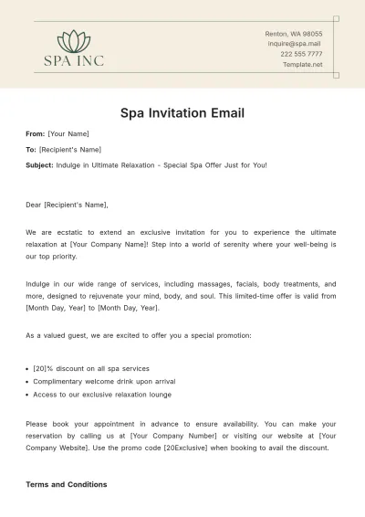 Free Spa Invitation Email Template to Edit Online