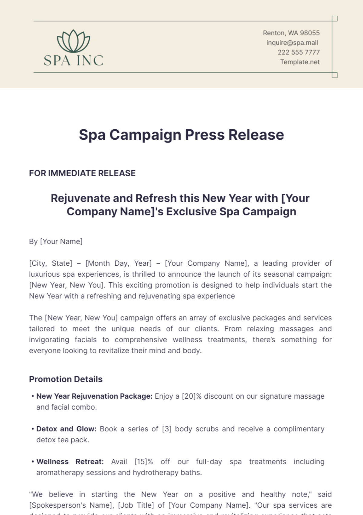 Spa Campaign Press Release Template - Edit Online & Download