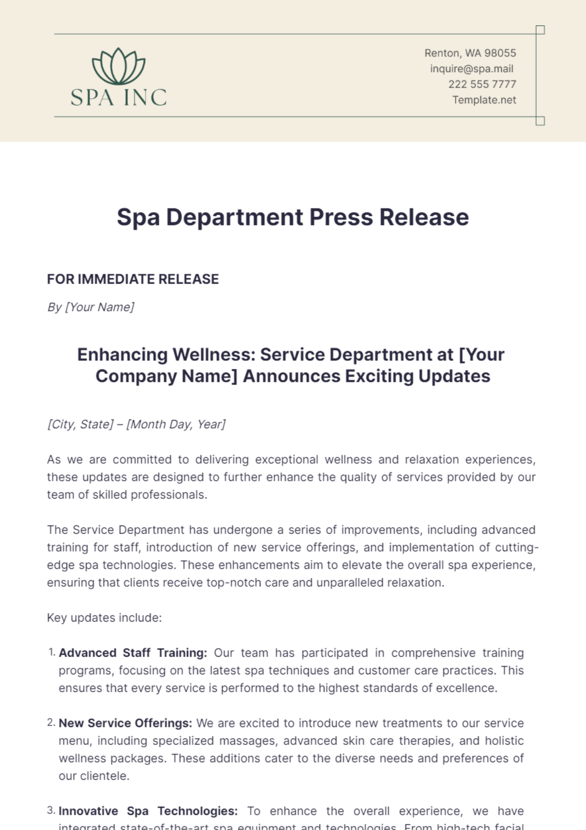 Spa Department Press Release Template - Edit Online & Download