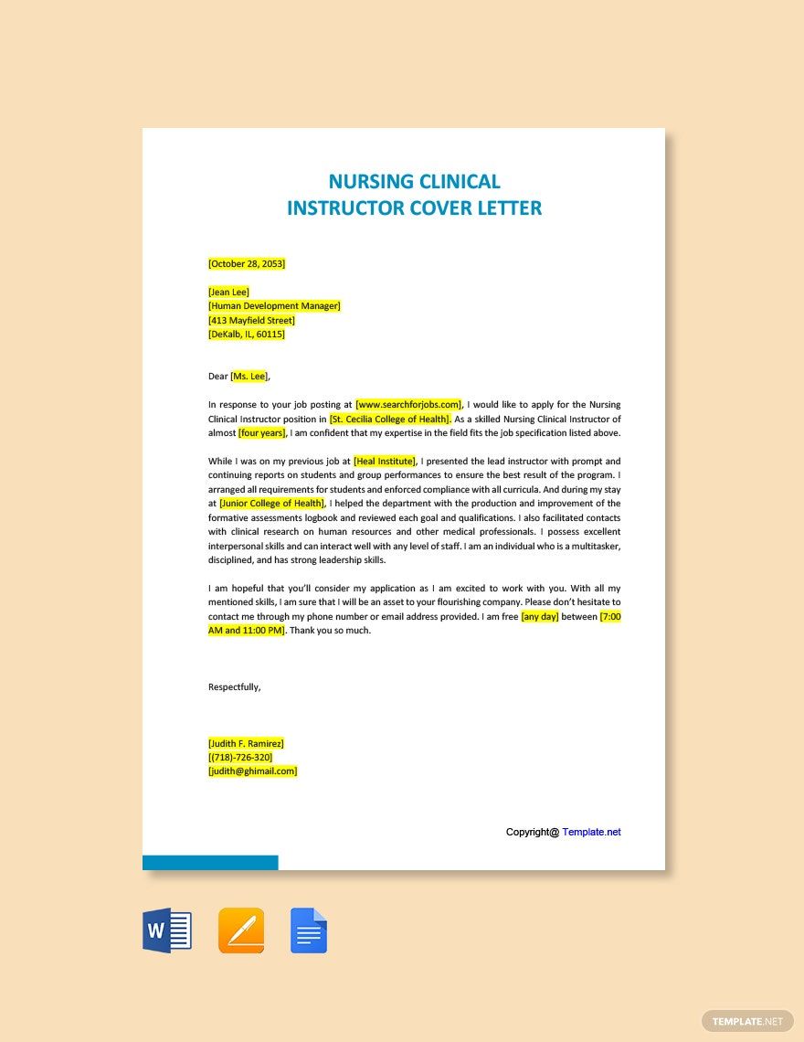 Nursing Clinical Instructor Cover Letter In Google Docs Word Pages 