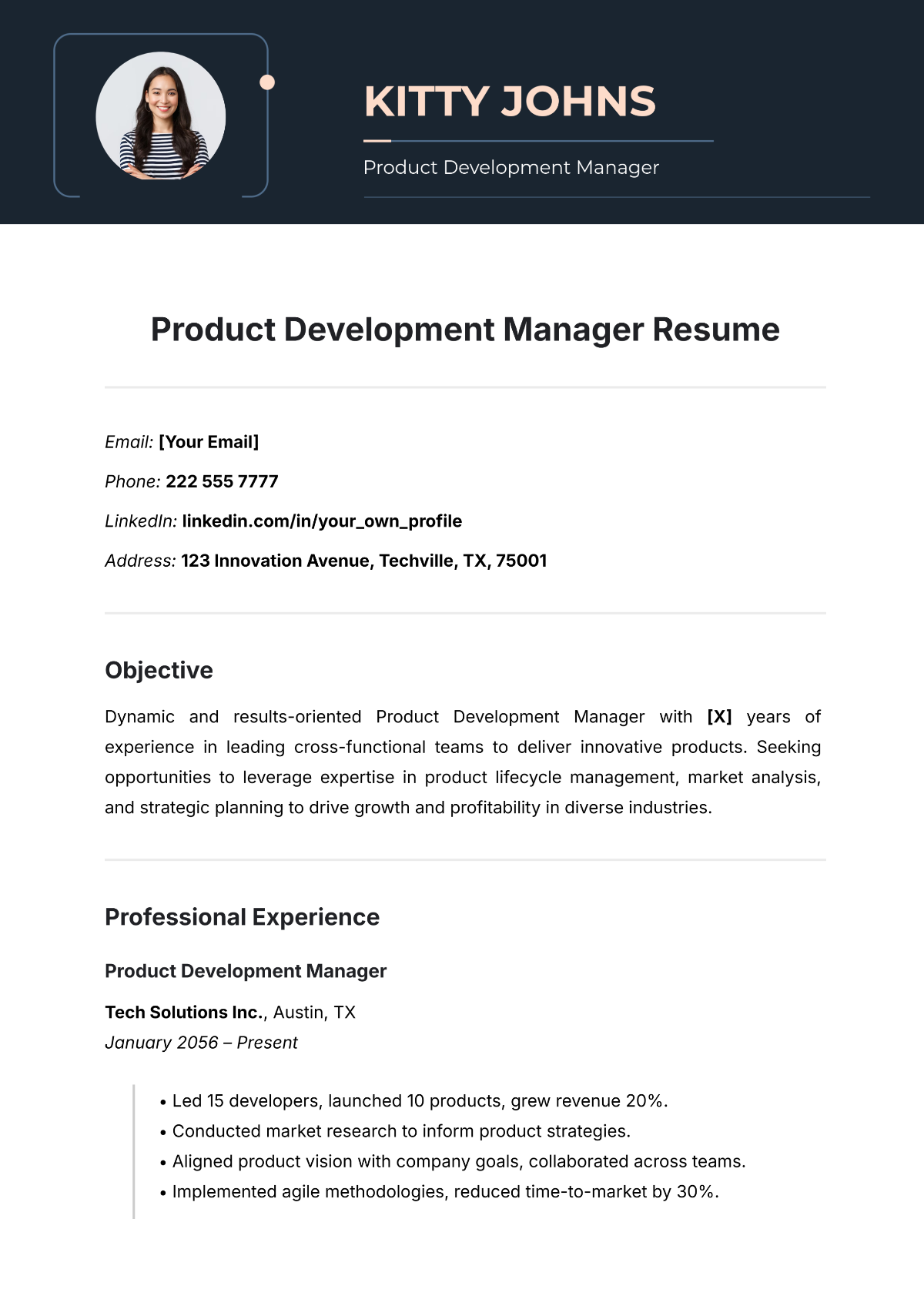 Product Development Manager Resume Template - Edit Online & Download