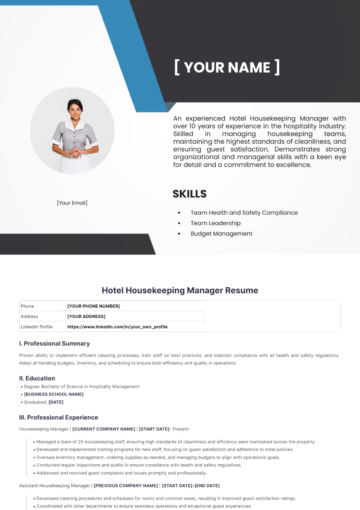 Hotel Housekeeping Manager Resume - Edit Online & Download