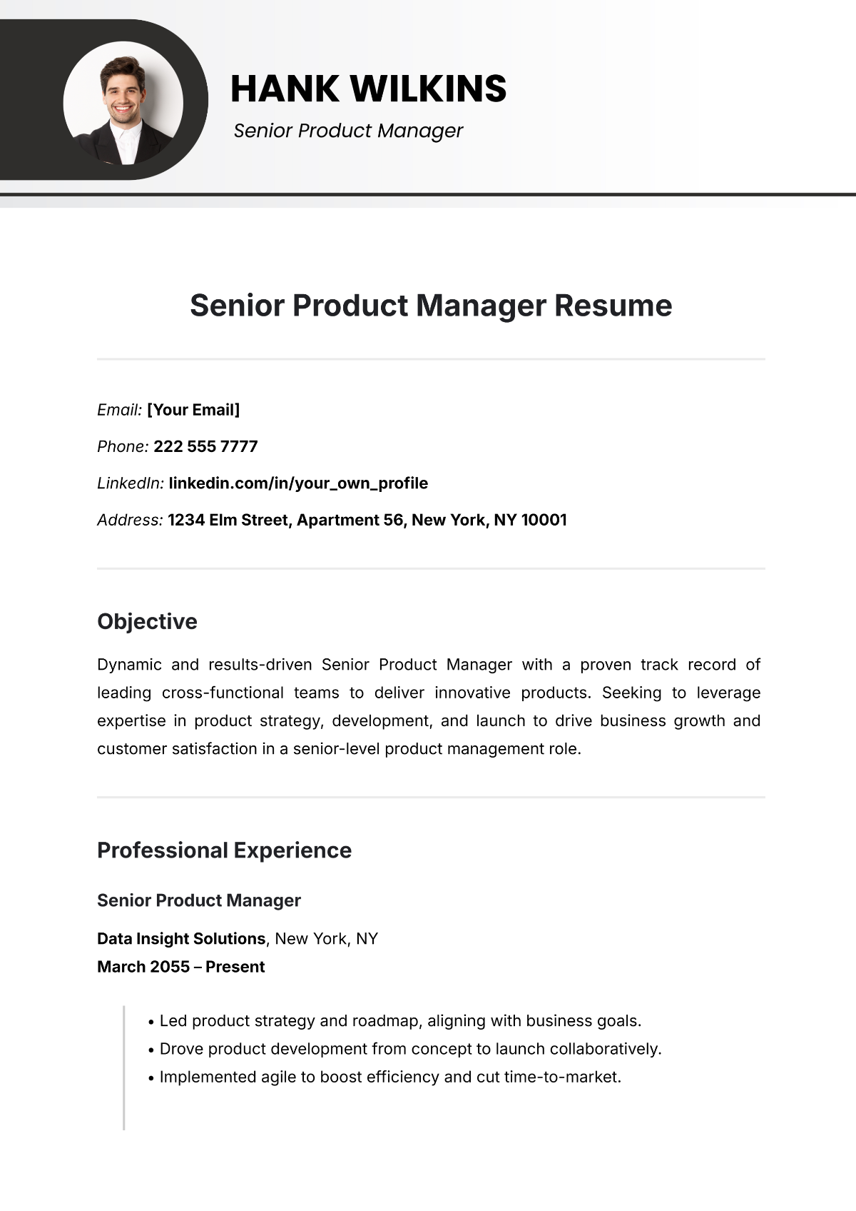 Senior Product Manager Resume Template - Edit Online & Download