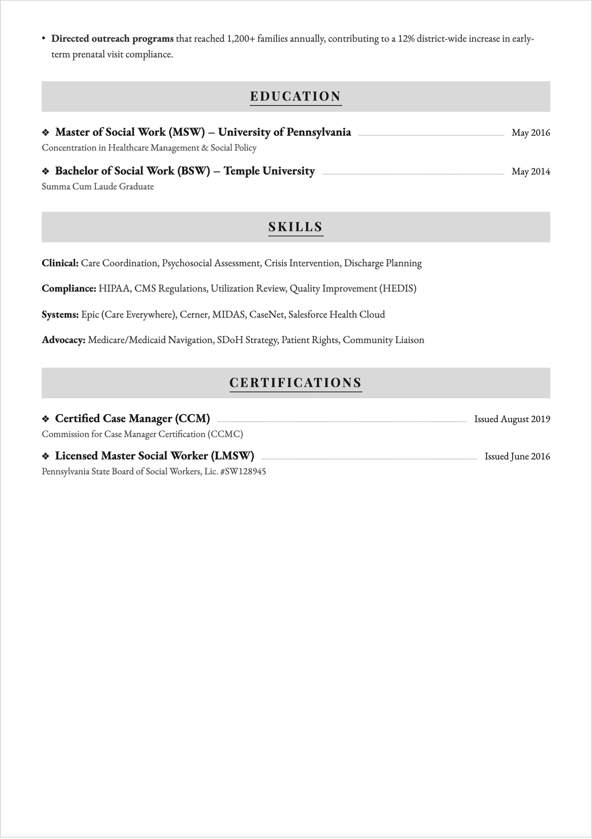 Free Sample Case Manager ATS Resume Template, AI Resume Builder