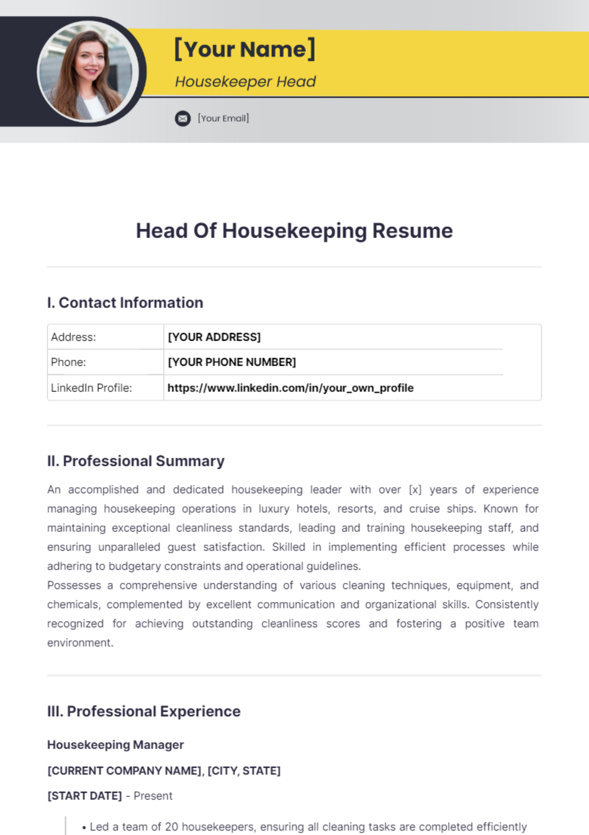 Head Of Housekeeping Resume - Edit Online & Download