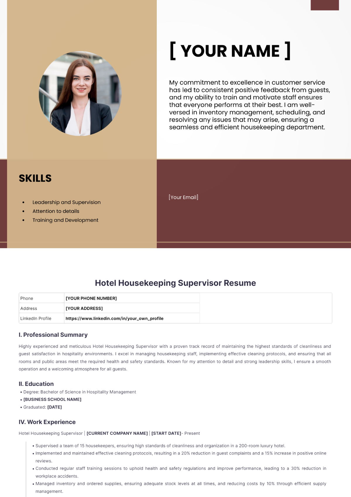 Hotel Housekeeping Supervisor Resume - Edit Online & Download