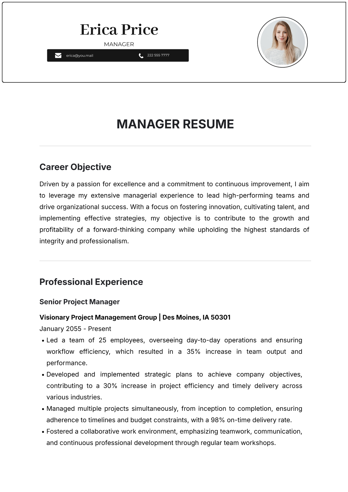 Manager Resume Template - Edit Online & Download