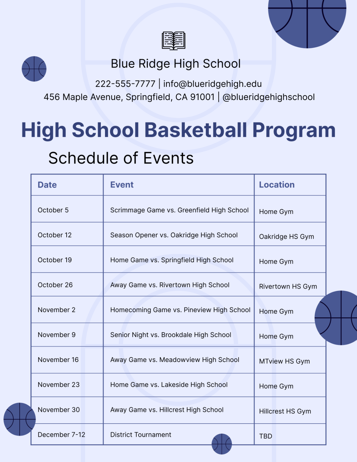 High School Basketball Program Template