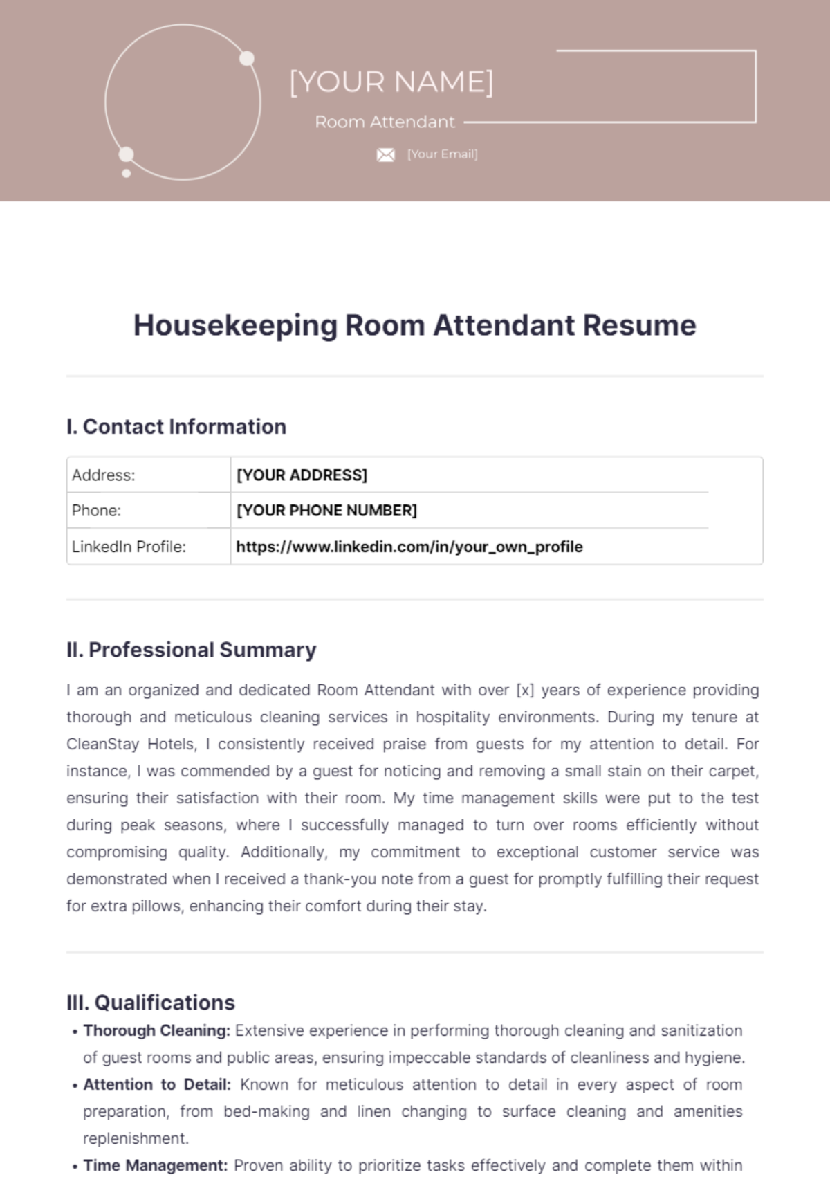 Housekeeping Room Attendant Resume - Edit Online & Download