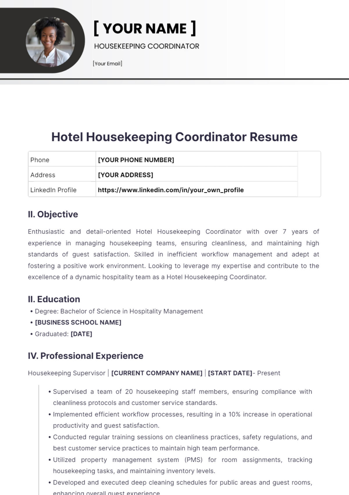 Hotel Housekeeping Coordinator Resume - Edit Online & Download