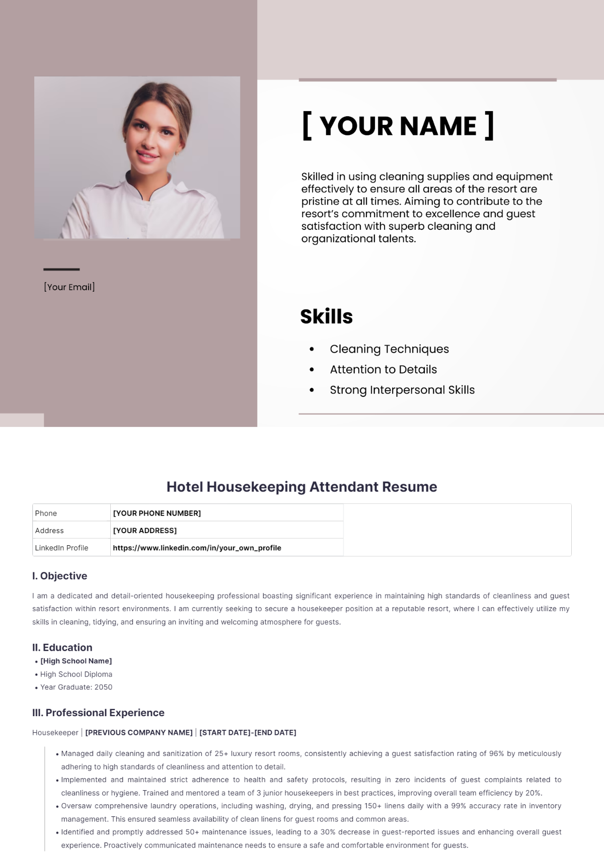 Hotel Housekeeping Attendant Resume - Edit Online & Download