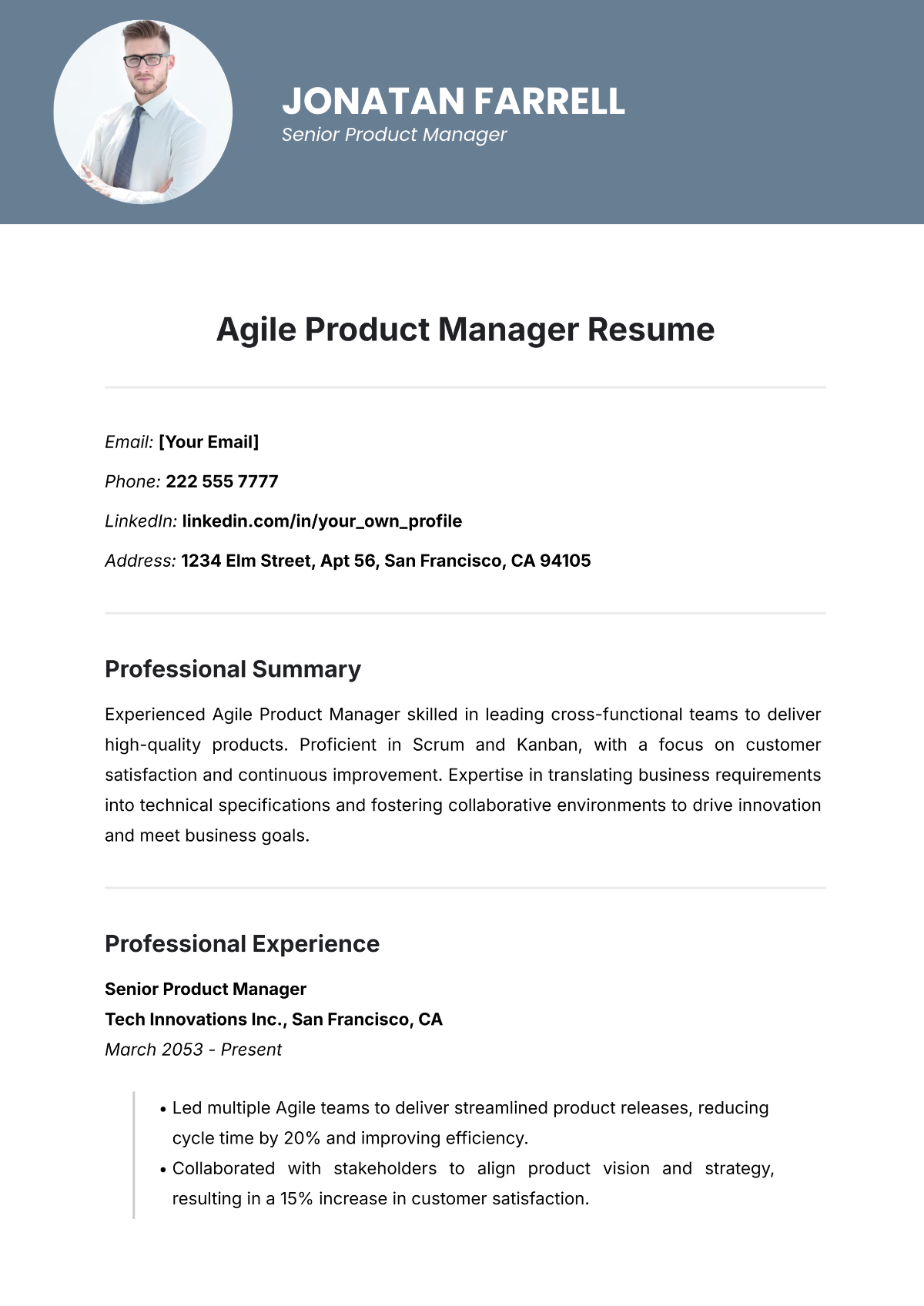 Agile Product Manager Resume Template - Edit Online & Download