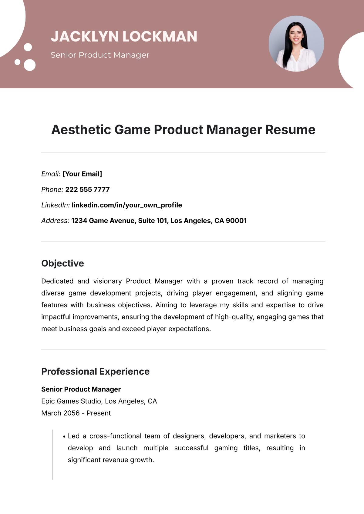 Aesthetic Game Product Manager Resume Template - Edit Online & Download