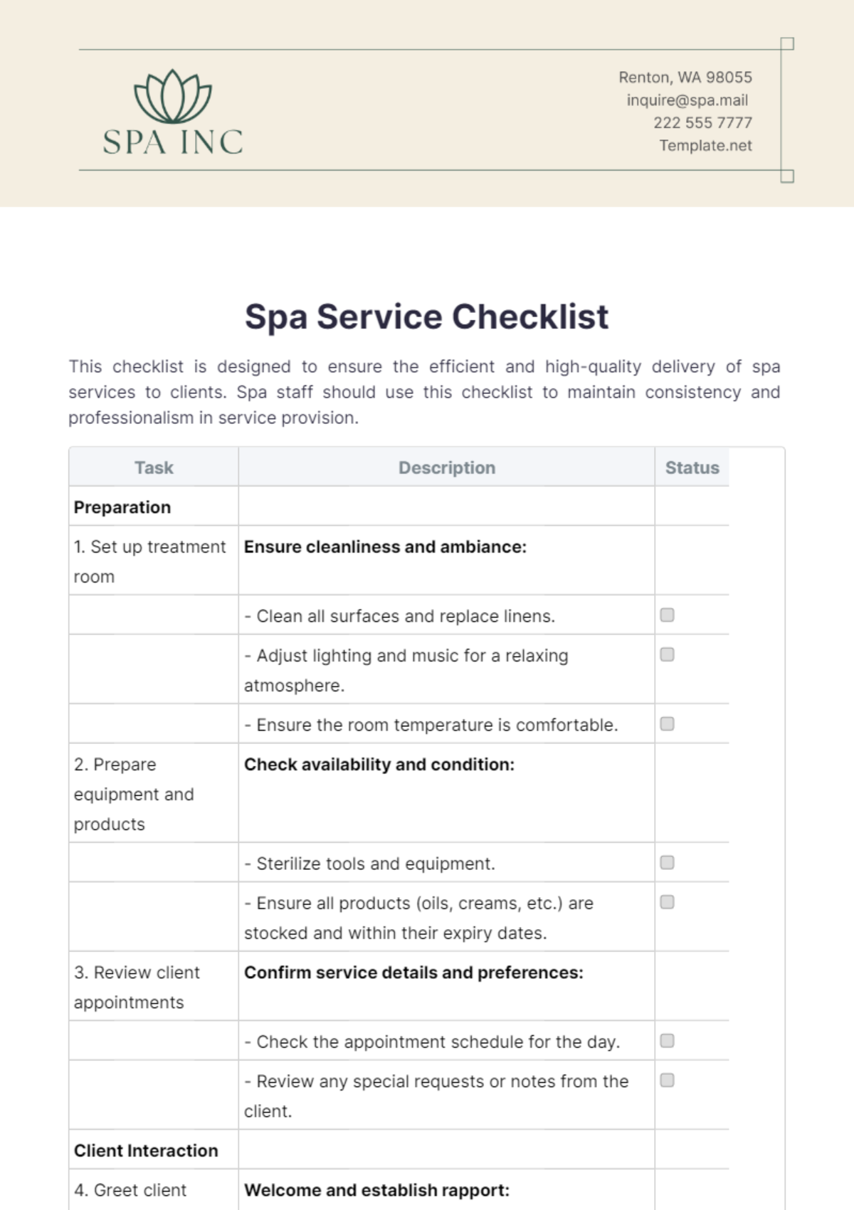 Free Spa Service Checklist Template to Edit Online