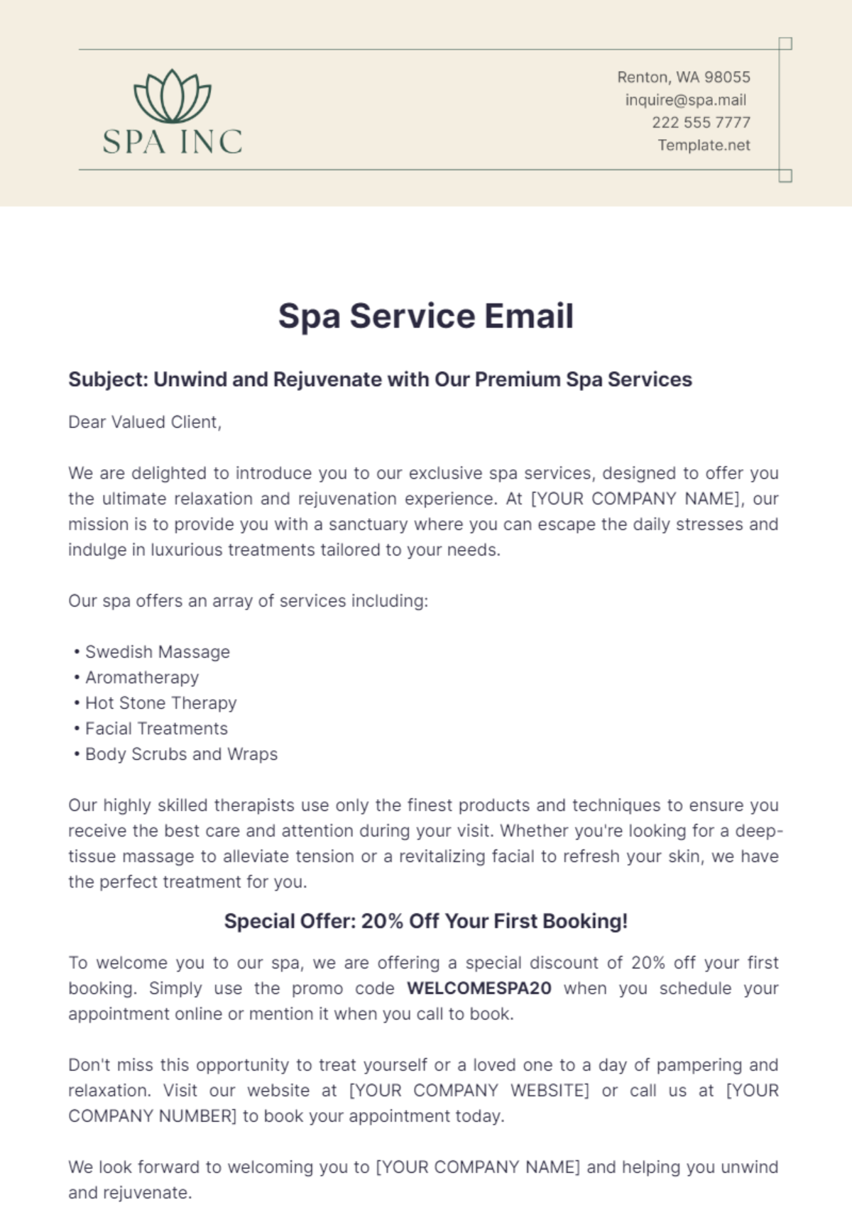 Spa Service Email Template - Edit Online & Download