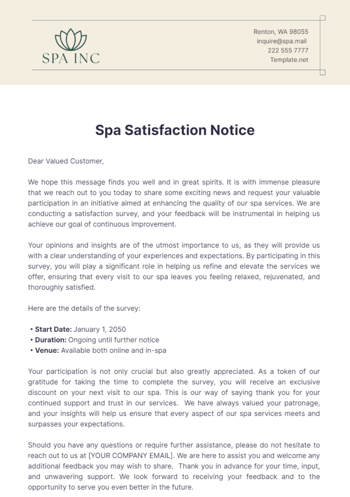 Spa Satisfaction Notice Template - Edit Online & Download