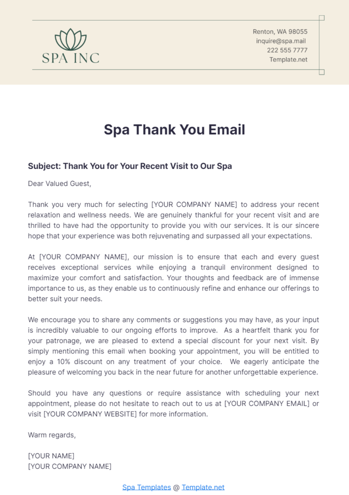 Spa Thank You Email Template - Edit Online & Download