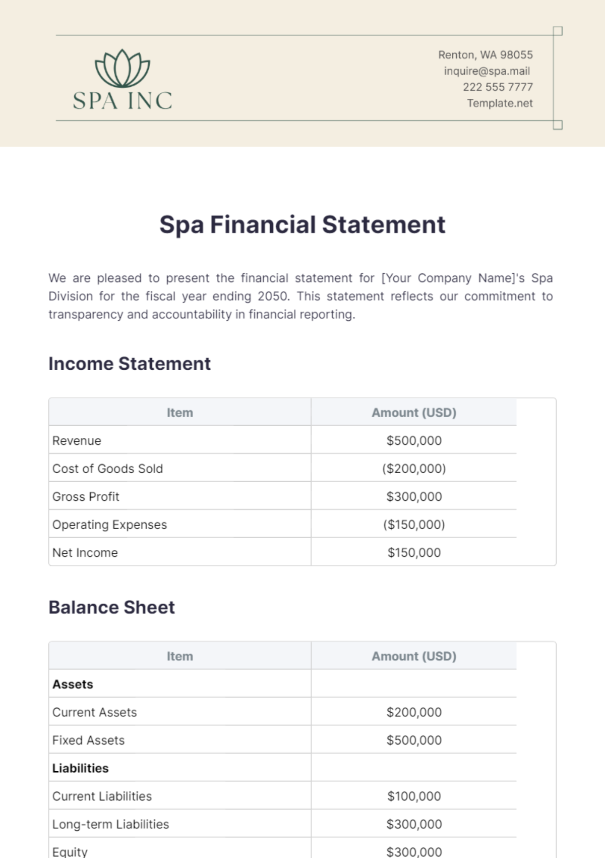 Spa Financial Statement Template - Edit Online & Download