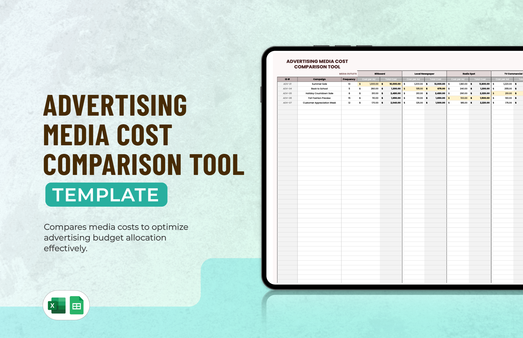 Advertising Media Cost Comparison Tool Template in Excel, Google Sheets