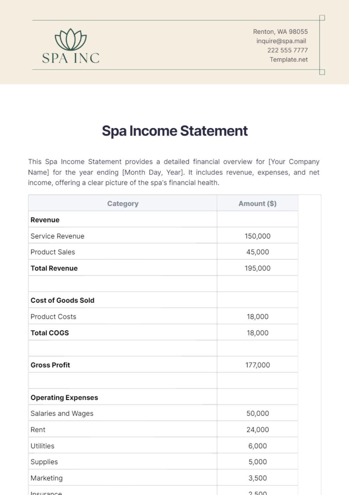 Spa Income Statement Template - Edit Online & Download