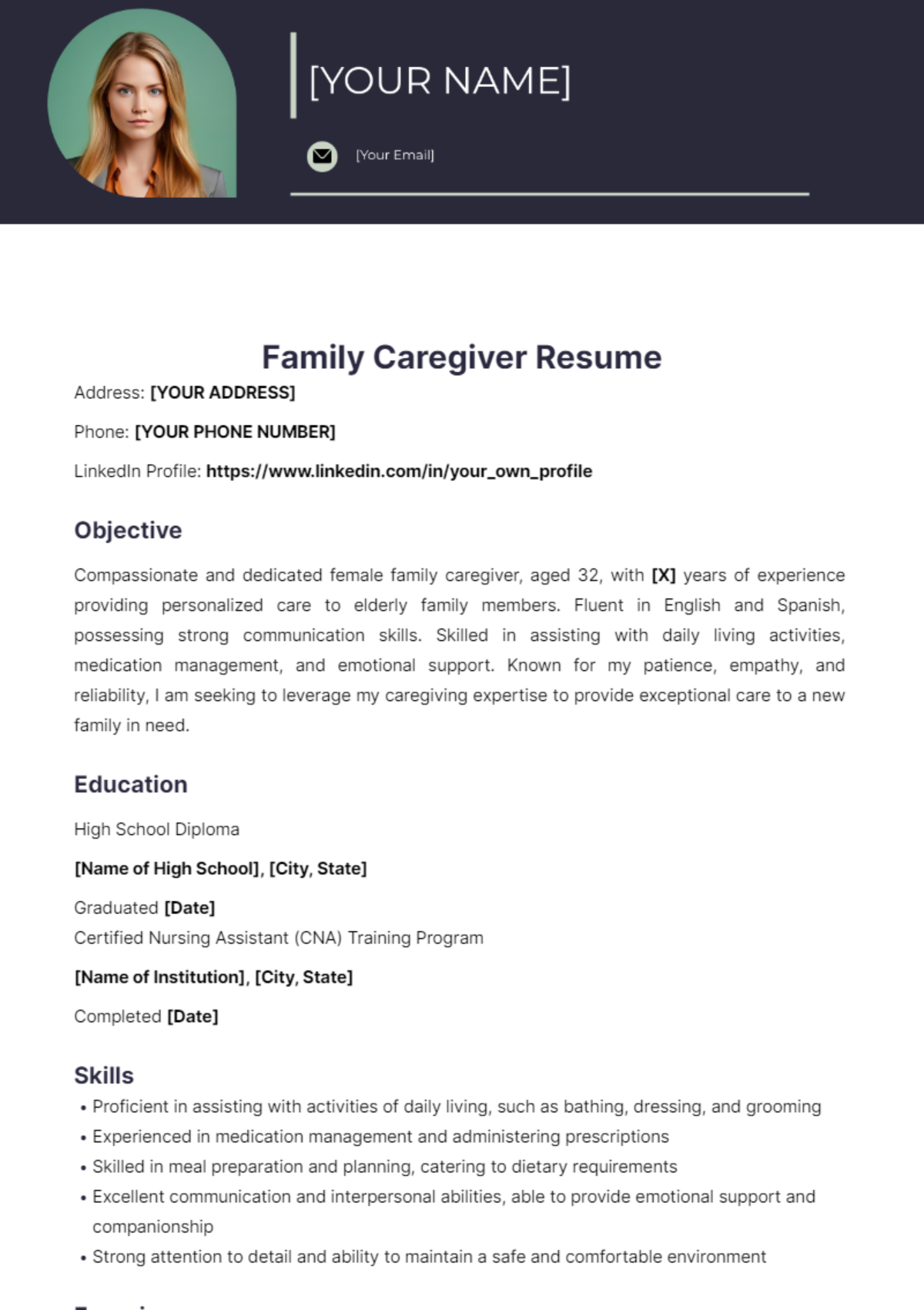 Free Family Caregiver Resume Template - Edit Online & Download ...