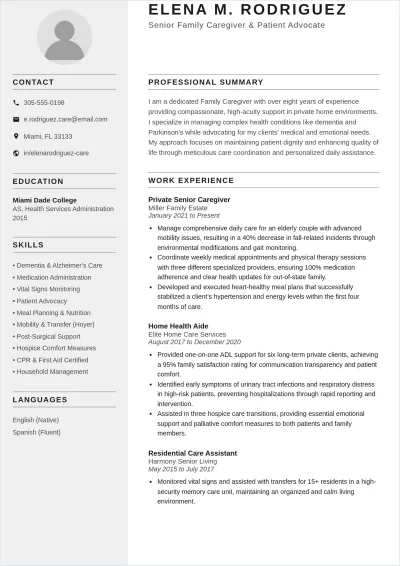 Free Family Caregiver ATS Resume Template, AI Resume Builder