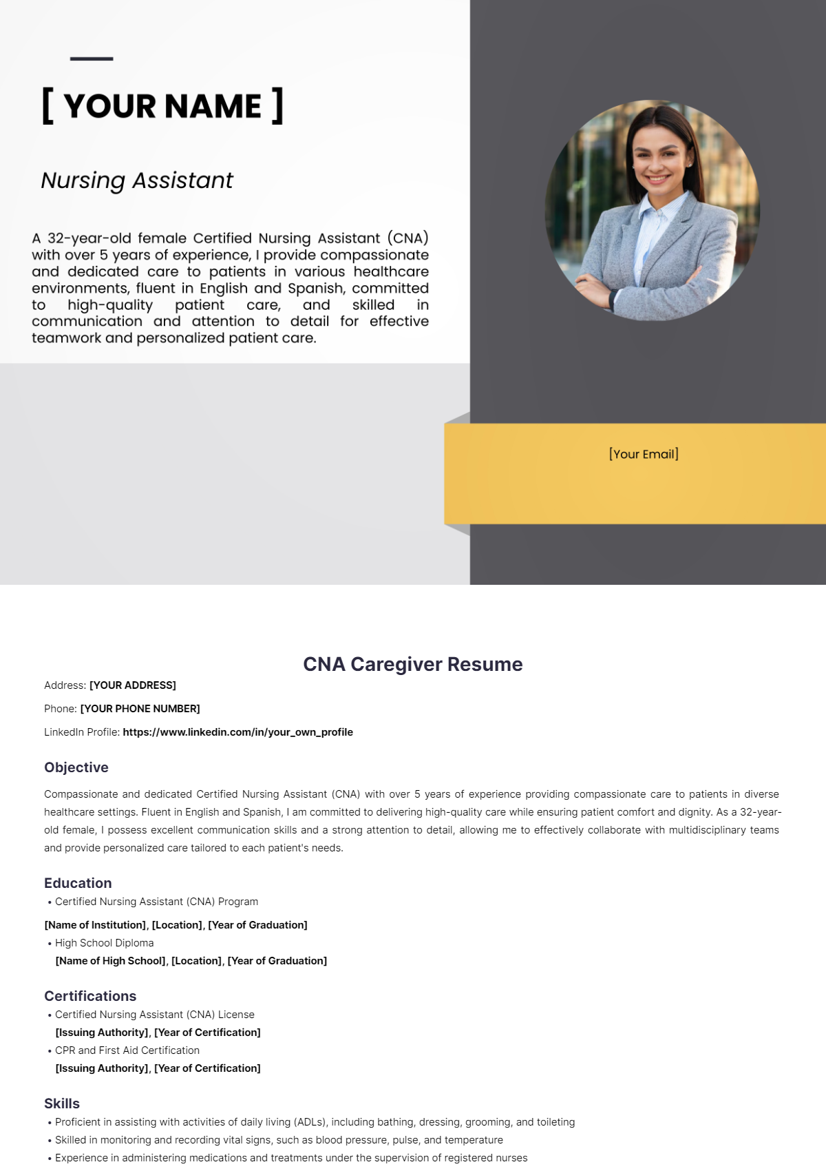 Free CNA Caregiver Resume Template to Edit Online