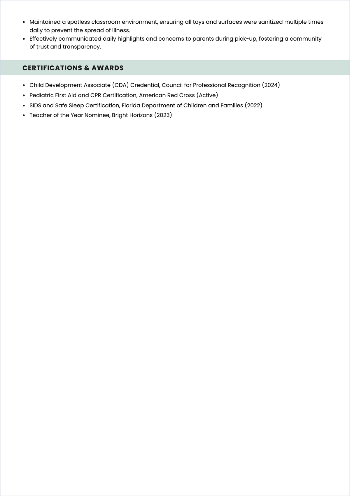 Free Infant Caregiver ATS Resume Template, AI Resume Builder